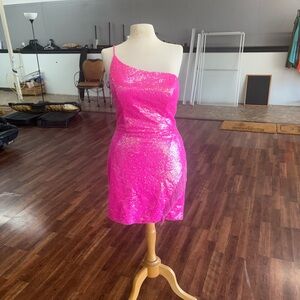Pink Sequin One-Shoulder Dress